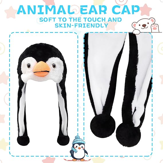 Pack Animal Hat Penguin and White Pola Bear Plush Fun Animal Hats One Size Cap Polyester With Fleece Lining
