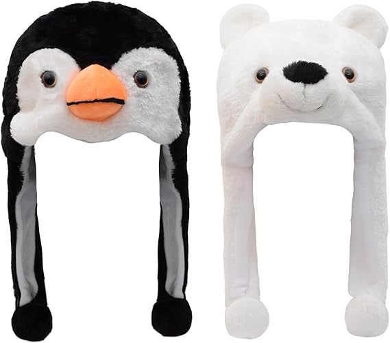 Pack Animal Hat Penguin and White Pola Bear Plush Fun Animal Hats One Size Cap Polyester With Fleece Lining