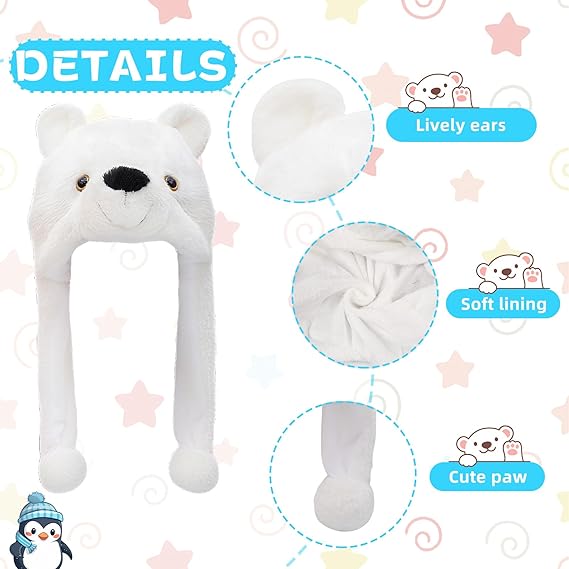 Pack Animal Hat Penguin and White Pola Bear Plush Fun Animal Hats One Size Cap Polyester With Fleece Lining