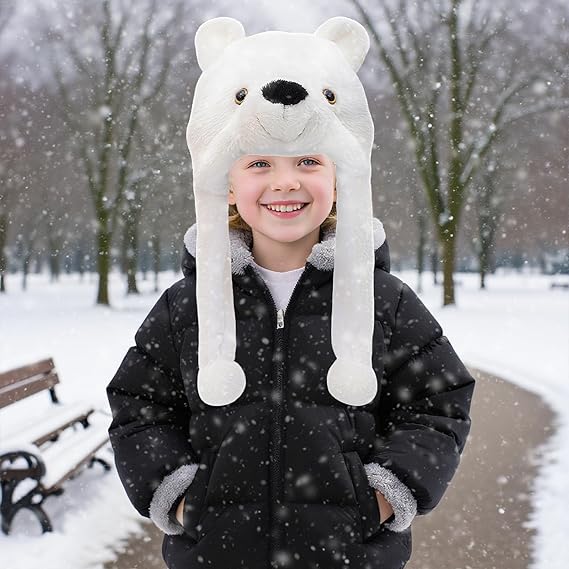 Pack Animal Hat Penguin and White Pola Bear Plush Fun Animal Hats One Size Cap Polyester With Fleece Lining