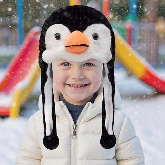 Pack Animal Hat Penguin and White Pola Bear Plush Fun Animal Hats One Size Cap Polyester With Fleece Lining