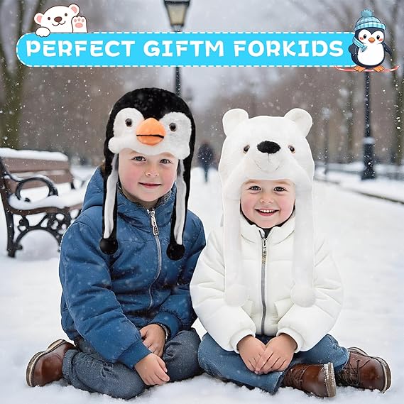 Pack Animal Hat Penguin and White Pola Bear Plush Fun Animal Hats One Size Cap Polyester With Fleece Lining